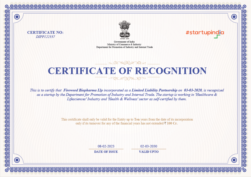 Startup India Certificate - Fireweed