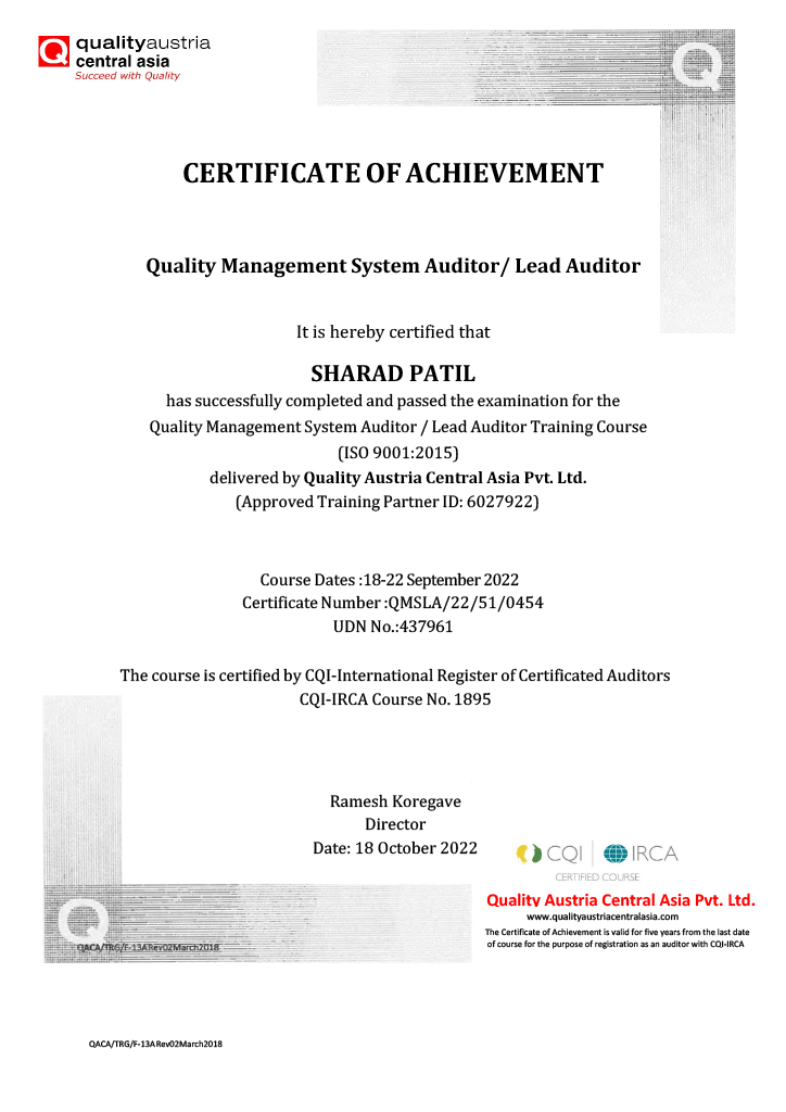 Quality Management System Auditor: Lead Auditor - CERTIFICATE